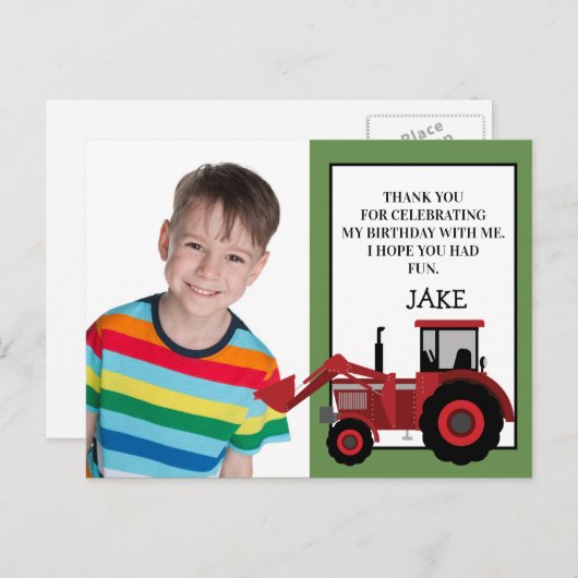 レッドトラクターグリーン誕生日写真ありがとう ポストカード (正面/裏面)