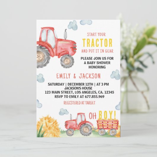 レッドトラクターバースデーパーティーベビーシャワー招待状 招待状 (スタンド正面)