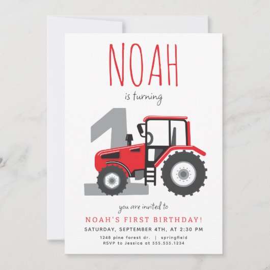 レッドトラクターファースト誕生日招待状 招待状 (正面)