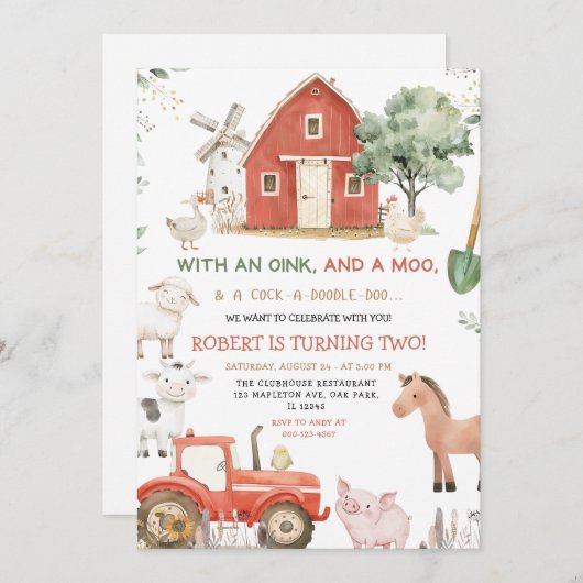 レッドトラクターファームアニマルズオインクバモー誕生日 招待状 (正面/裏面)