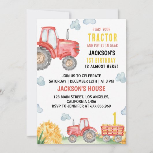 レッドトラクターファームバースデーパーティーの招待 招待状 (正面)