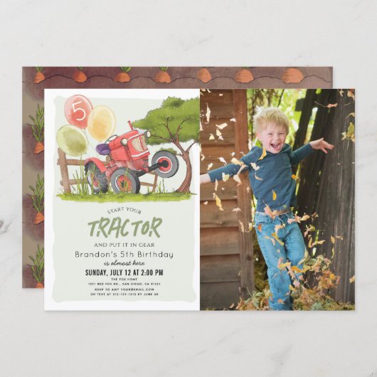 レッドトラクターファームボーイフォト誕生日 招待状 (正面/裏面)