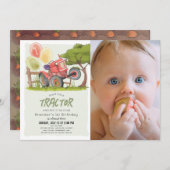 レッドトラクターファームボーイ写真1st誕生日 招待状 (正面/裏面)