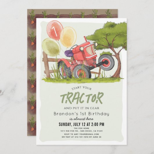 レッドトラクターファームボーイ1st誕生日 招待状 (正面/裏面)