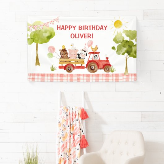 レッドトラクターファーム動物の誕生日パーティー 横断幕 (インサイチュ)