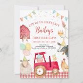 レッドトラクターファーム動物納屋周囲の庭1st誕生日 招待状 (正面)