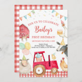 レッドトラクターファーム動物納屋周囲の庭1st誕生日 招待状 (正面/裏面)