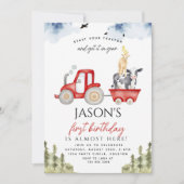 レッドトラクターファーム動物1st誕生日パーティー少年 招待状 (正面)