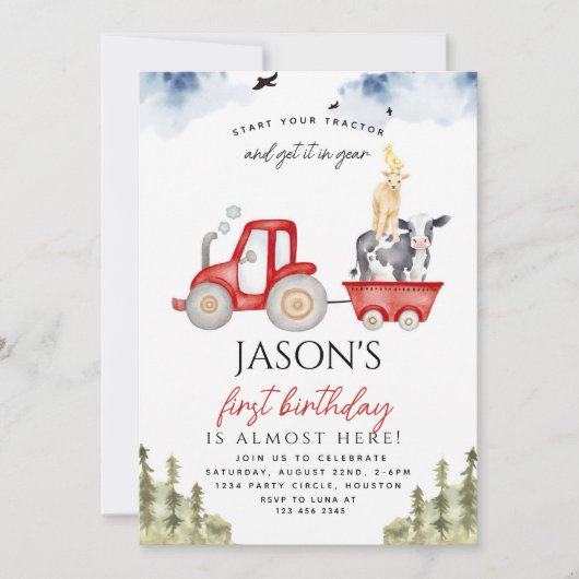 レッドトラクターファーム動物1st誕生日パーティー少年 招待状 (正面)