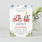 レッドトラクターファーム動物1st誕生日パーティー少年 招待状 (スタンド正面)