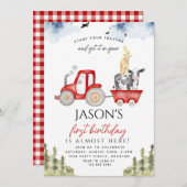 レッドトラクターファーム動物1st誕生日パーティー少年 招待状 (正面/裏面)