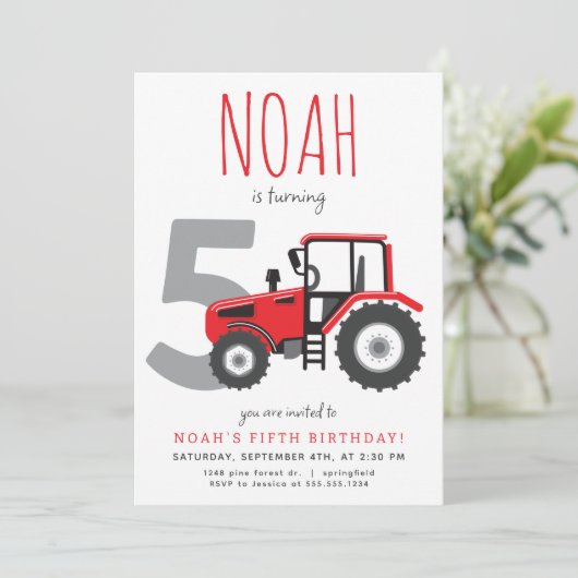 レッドトラクターフィフス誕生日招待状 招待状 (スタンド正面)