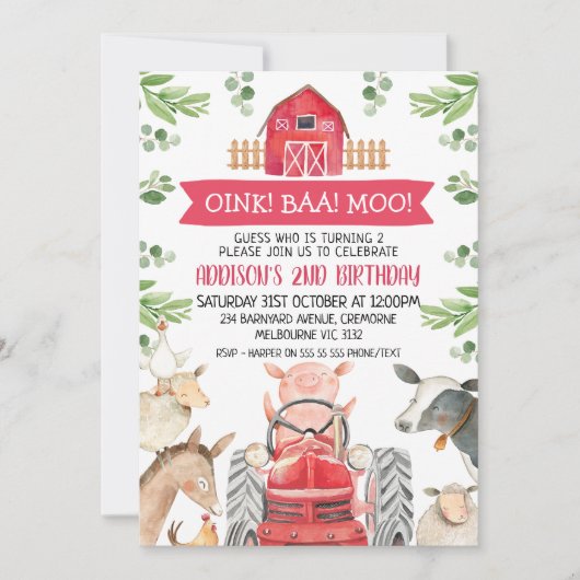 レッドトラクター&バーンファーム誕生日招待状 招待状 (正面)