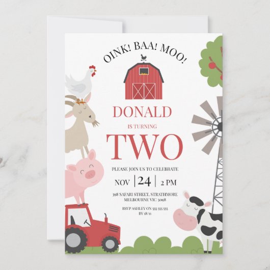 レッドトラクモダンターオインクバアモーファーム誕生日 招待状 (正面)