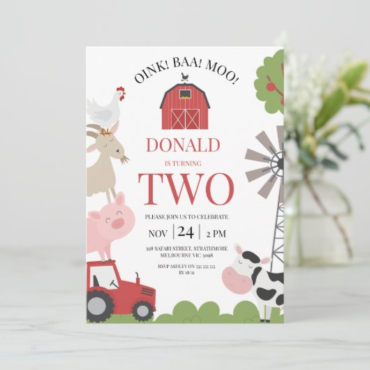 レッドトラクモダンターオインクバアモーファーム誕生日 招待状 (スタンド正面)