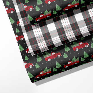 レッドトラックとチェックのクリスマス ラッピングペーパーシート