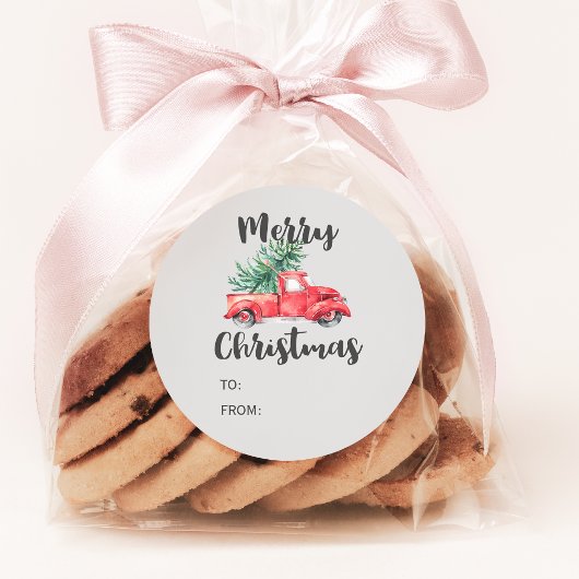 レッドトラックとツリーのクリスマスプレゼント名 ラウンドシール