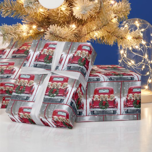 レッドトラックのクリスマスゴールデンレトリバー子犬 ラッピングペーパー (クリスマス)