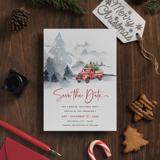 レッドトラックのクリスマスパーティーのSave the Date シーズンポストカード