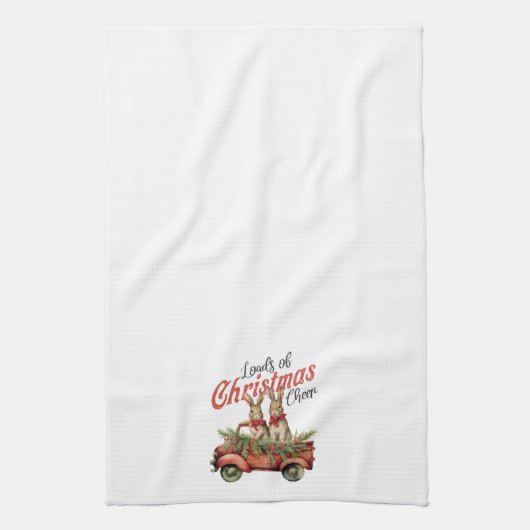 レッドトラックのクリスマス応援ウサギの積み荷 キッチンタオル (縦)