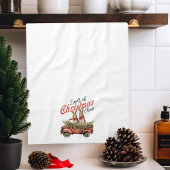 レッドトラックのクリスマス応援ウサギの積み荷 キッチンタオル