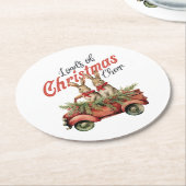 レッドトラックのクリスマス応援ウサギの積み荷 ラウンドペーパーコースター (アングル)
