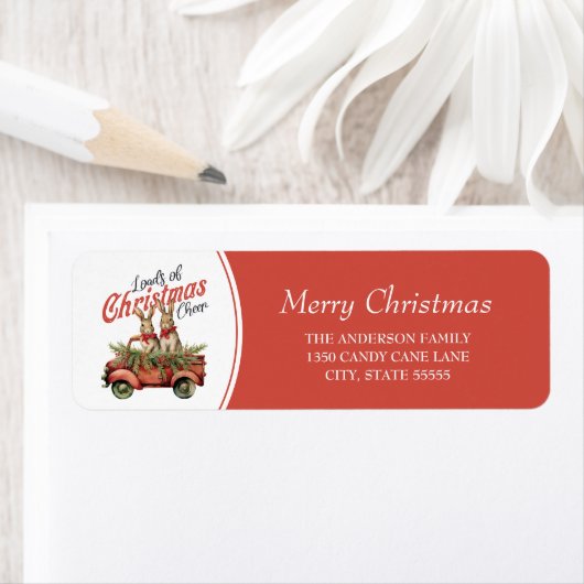 レッドトラックのクリスマス応援ウサギの積み荷 ラベル (インサイチュ)