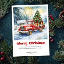 レッドトラックの田舎風クリスマスシーン グリーティングカード