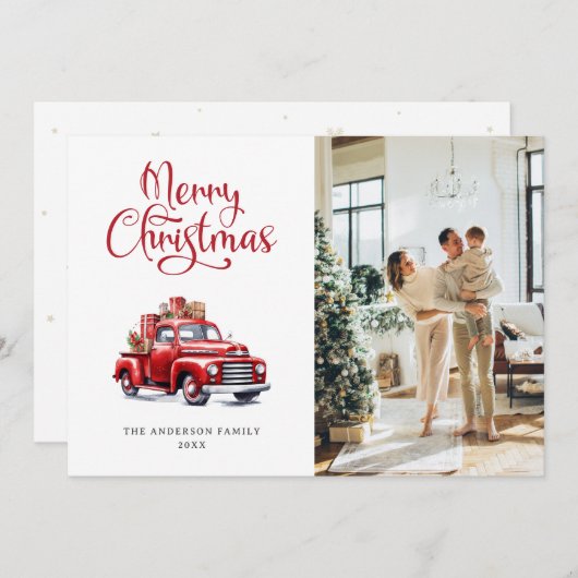 レッドトラックの雪の結晶の写真メリークリスマスカード シーズンカード (正面/裏面)