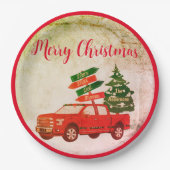 レッドトラックエレガントヴィンテージ素朴メリークリスマス ペーパープレート (正面)