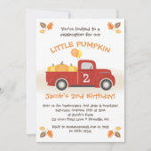 レッドトラックカボチャ葉秋誕生日ボーイパーティー 招待状 (正面)