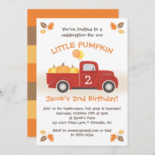 レッドトラックカボチャ葉秋誕生日ボーイパーティー 招待状 (正面/裏面)