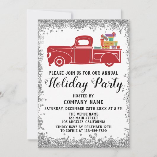 レッドトラックギフトクリスマス会社ホリデーパーティシルバー 招待状 (正面)