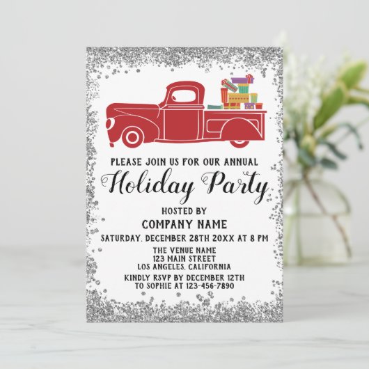 レッドトラックギフトクリスマス会社ホリデーパーティシルバー 招待状 (スタンド正面)
