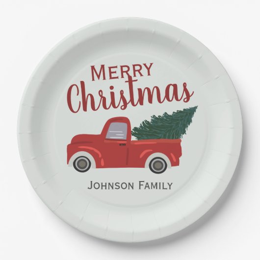 レッドトラッククリスマスツリーのパーソナライズ ペーパープレート (正面)