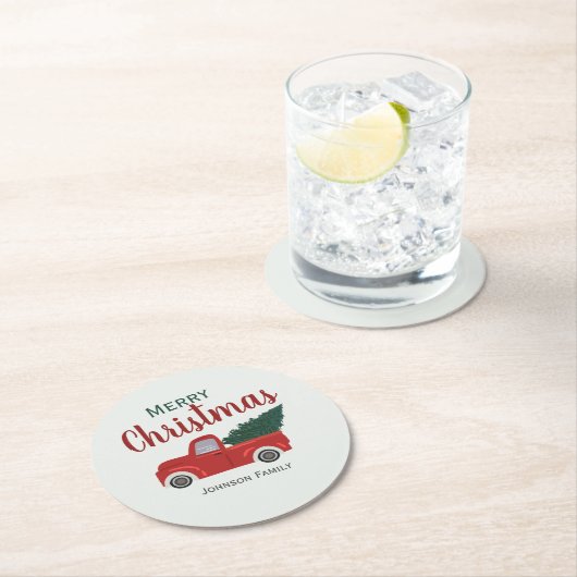 レッドトラッククリスマスツリーをパーソナライズ紙コースター ラウンドペーパーコースター (インサイチュ)