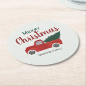 レッドトラッククリスマスツリーをパーソナライズ紙コースター ラウンドペーパーコースター (アングル)