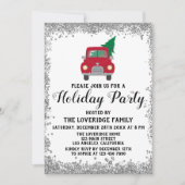 レッドトラッククリスマスツリークリスマスホリデーパーティーシルバー 招待状 (正面)