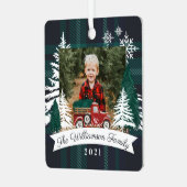 レッドトラッククリスマスツリーデリバリー海軍プレイド写真 メタルオーナメント (正面左)