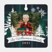 レッドトラッククリスマスツリーデリバリー海軍プレイド写真 メタルオーナメント (正面)