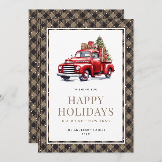 レッドトラッククリスマスツリープレイドハッピーホリデーズカード シーズンカード (正面/裏面)