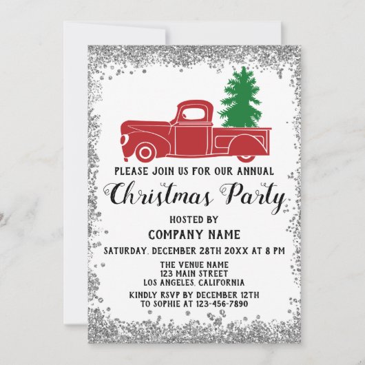 レッドトラッククリスマスツリー会社クリスマスパーティーシルバー 招待状 (正面)