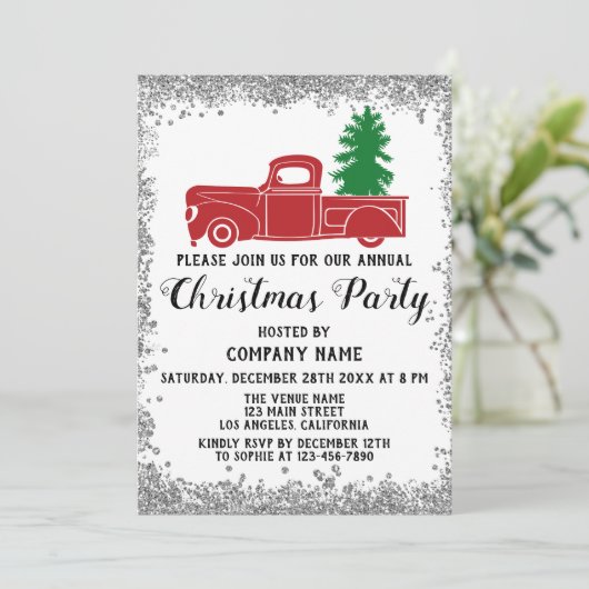レッドトラッククリスマスツリー会社クリスマスパーティーシルバー 招待状 (スタンド正面)