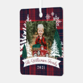 レッドトラッククリスマスツリー配信レッドプレイド写真 メタルオーナメント (正面左)