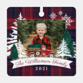 レッドトラッククリスマスツリー配信レッドプレイド写真 メタルオーナメント (正面)