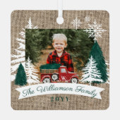 レッドトラッククリスマスツリー配信Burlap写真 メタルオーナメント (裏面)