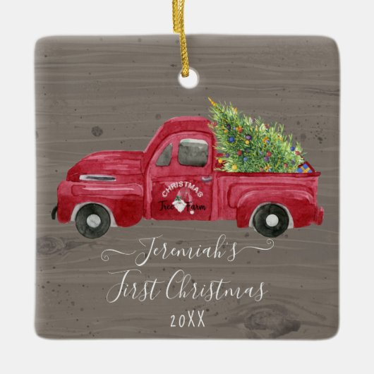 レッドトラックグレー木材ベビー1stクリスマスツリー写真 セラミックオーナメント (正面)