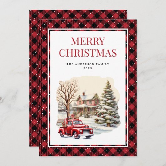 レッドトラックバッファローはメリークリスマスをplaid シーズンカード (正面/裏面)