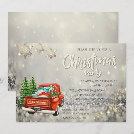 レッドトラックパインツリーズ《写真》ぼけ味雪の結晶クリスマス 招待状 (正面/裏面)