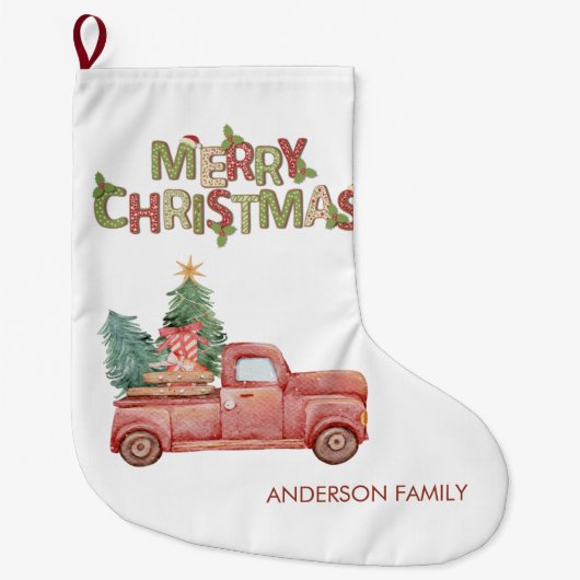 レッドトラックパインツリープレゼントメリークリスマス ラージクリスマスストッキング (正面)